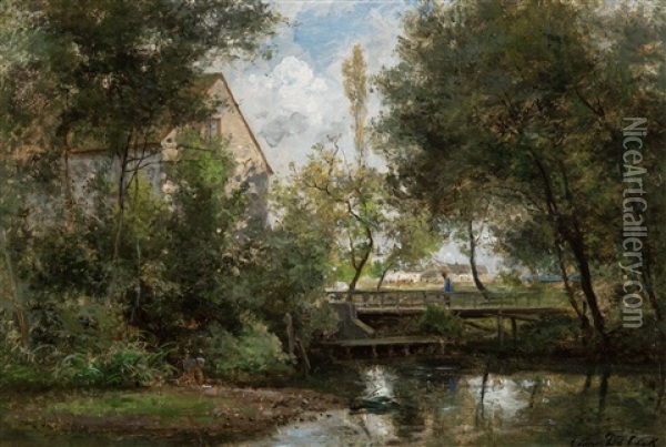 Riverscape With A Wanderer On A Bridge (1872) Oil Painting - Cesar De Cock