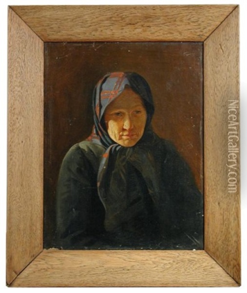 Portrait Of A Peasant Woman In A Checked Headscarf Oil Painting - Evgraf Semenovich Sorokin