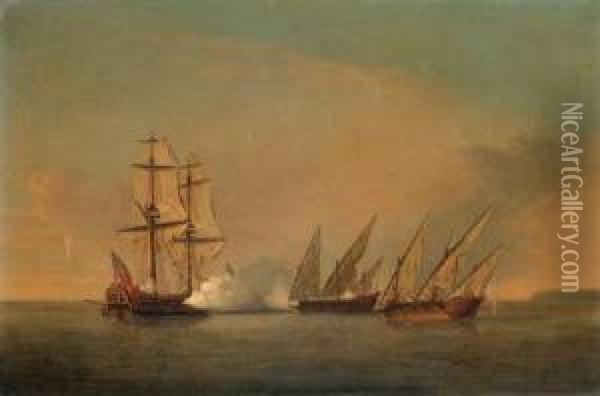 An English Privateer In Action With Two Armed French Galleys In The Mediterranean Oil Painting - Richard Paton