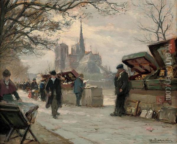 Selling Antiques By The Seine, Notre Dame Beyond Oil Painting - Henri Alphonse Barnoin
