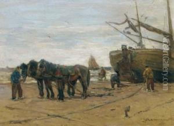 Towhorses On The Beach Oil Painting - Johannes Evert Akkeringa