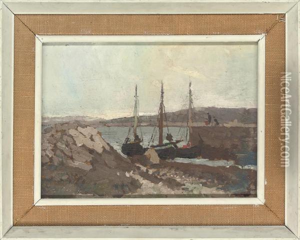 Boats Moored In The Harbour, Connemara Oil Painting - Edward Morland Lewis
