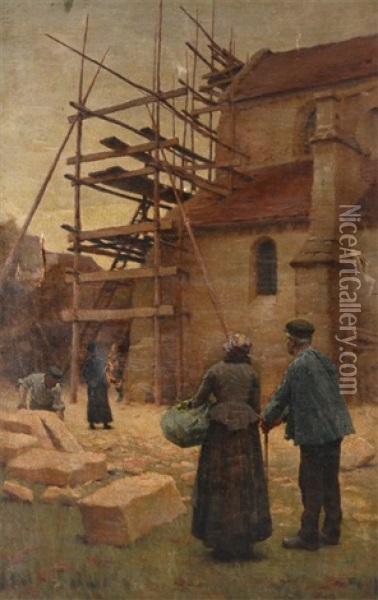 European Village Scene With Construction Scaffolding And Villagers Looking On Oil Painting - Elmer Boyd Smith
