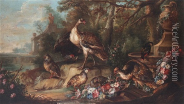 Still Life With Gamebirds In A Parkland Landscape Oil Painting - Angelo Maria (Crivellone) Crivelli