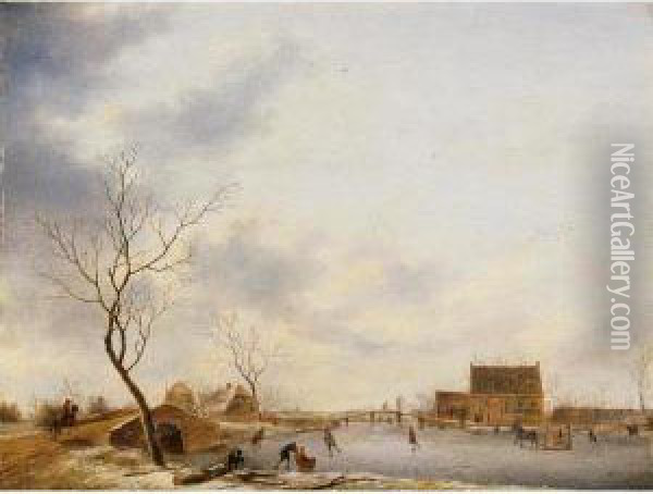 A Winter Landscape With Skaters Oil Painting - Johannes Janson