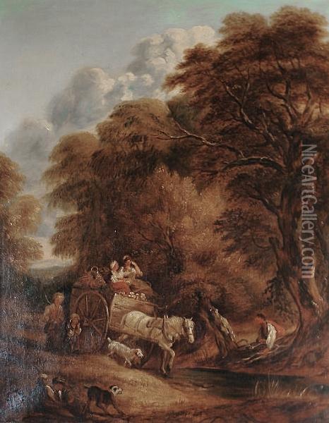 After Thomas Gainsborough, 19th Century Wooded Landscape With Peasants In A Country Cart Oil Painting - Thomas Gainsborough