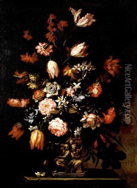 Floral Still Life With Tulips, Carnations, Daffodils, Peonies And Other Flowers In A Figural Vase Oil Painting - Mario Nuzzi