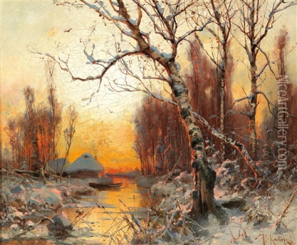 Winter Landscape With Birch In The Evening Light Oil Painting - Yuliy Yulevich (Julius) Klever
