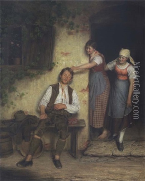Zwei Dirndln Neckten Einen Schlafenden Jungen Mann Oil Painting - Alois Binder