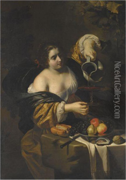 A Young Woman Pouring Red Wine 
From A Pitcher Into A Glass, A Stilllife Of Grapes, A Pear And Apples On
 A Silver Platter, A Knife Andbread-roll, And Oysters Nearby Oil Painting - Niccolo Renieri (see Regnier, Nicolas)