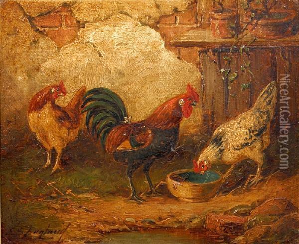 Chickens And Cockerell Feeding, And Another Similar Oil Painting - E.S. England
