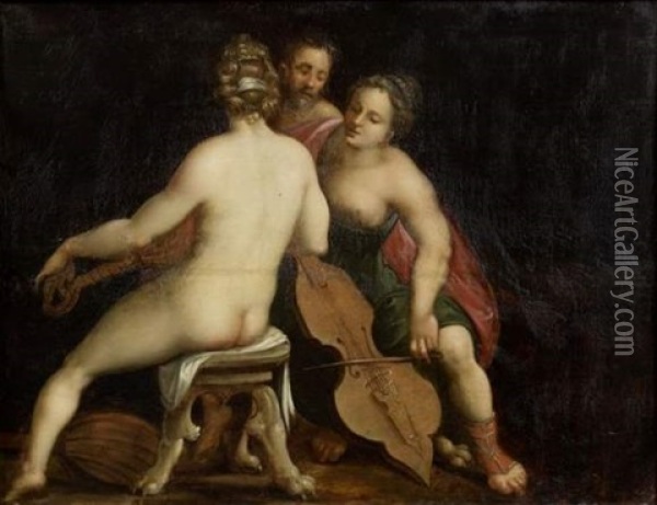 Deux Musiciennes Entourant Un Homme Age Oil Painting - Louis de Caullery