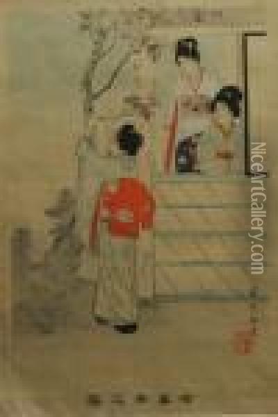 Three Ladies In A Gardenpavilion Oil Painting - Miyagawa Shuntei