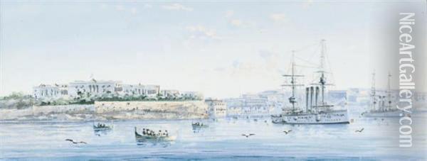 Dreadnoughts At Valetta, Malta Oil Painting - Luigi Maria Galea