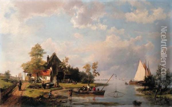 A River Landscape With A Ferry And Figures Mending A Boat Oil Painting - Hermanus Koekkoek