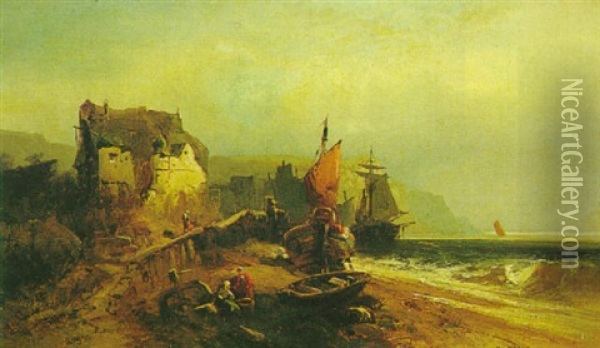 A Coastal Scene Oil Painting - Heinrich Hiller