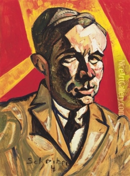 Voros-sarga Portre, Barabas Bela Portreja - Red-yellow Portrait, Portrait Of Bela Barabas Oil Painting - Hugo Scheiber