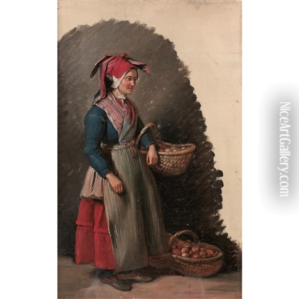 Jeune Femme Au Panier Oil Painting - Edouard Henri Theophile Pingret