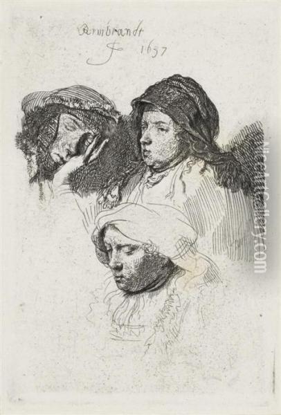 Three Female Heads, One Sleeping Oil Painting - Rembrandt Van Rijn