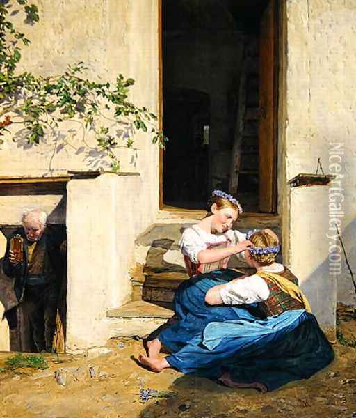 Girls making garlands, 1846 Oil Painting - Ferdinand Georg Waldmuller