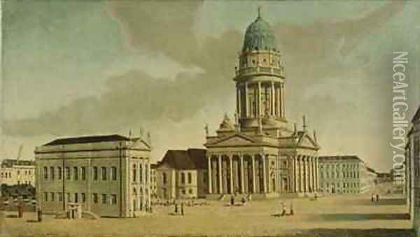 View of the Gendarmenmarkt with the French playhouse and cathedral Berlin Oil Painting - Karl Friedrich Fechhelm