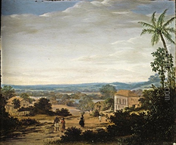 A Brazilian Landscape, With Natives And Slaves Near A Plantation House In A Village Oil Painting - Frans Jansz Post