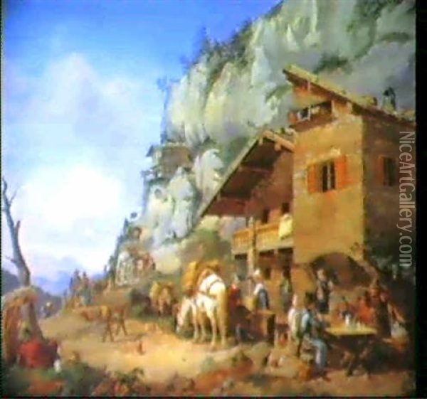 K.u.k.- Zollamt Auf Der Tiroler Passhohe, Davor Reisende    Mit Pferden Und Maultieren Bei Der Rast Oil Painting - Karl Altmann