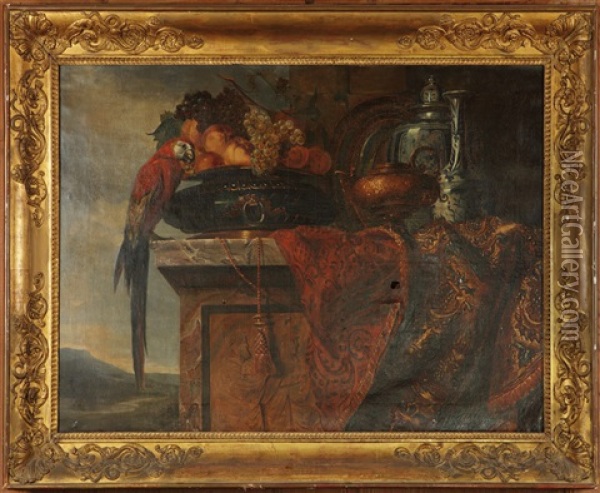 Perroquet Et Pieces D'orfevrerie Oil Painting - Pierre Nicolas Huilliot
