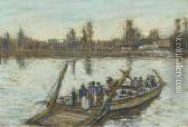 A Paddle Tug On An Industrial River; And The Ferry Crossing(illustrated) Oil Painting - James Kay