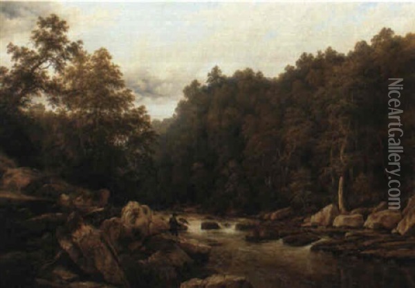 A Wooded River Landscape With An Angler Oil Painting - Thomas Baker