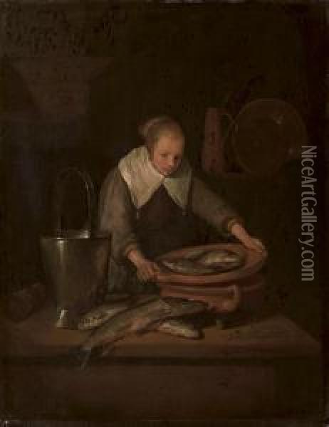 A Young Maid Preparing Fish In A Kitchen Oil Painting - Quiringh Gerritsz. van Brekelenkam
