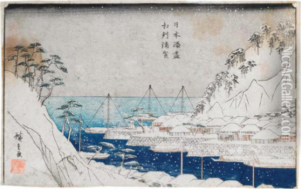Japanese Snow Scene Oil Painting - Utagawa or Ando Hiroshige