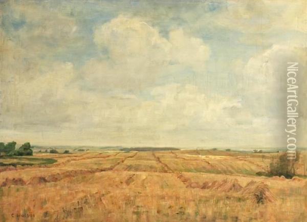 Harvest Landscape. Signed C. Holsoe Oil Painting - Carl Vilhelm Holsoe