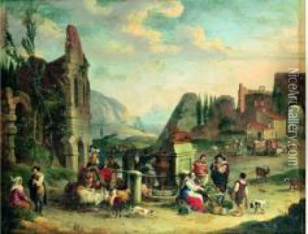 Reunion De Paysans Autour D'une Fontaine Dans Un Paysage De Ruines Antiques Oil Painting - Pieter Van Bredael