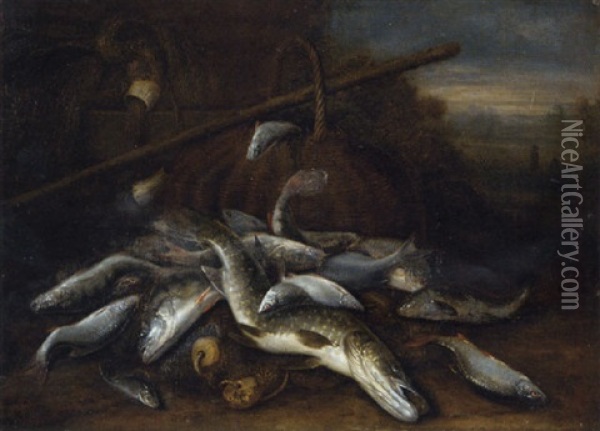 A Pike, A Carp, Roach, And Other Fish In A Landscape With Baskets, Fishing Nets And A Gaff Oil Painting - Jakob Gillig