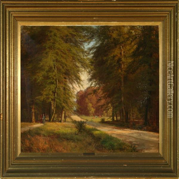 Forest Scenery With Strolling Women Oil Painting - A. Andersen-Lundby