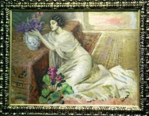 Woman Arranging Flowers Oil Painting - Louis Mark