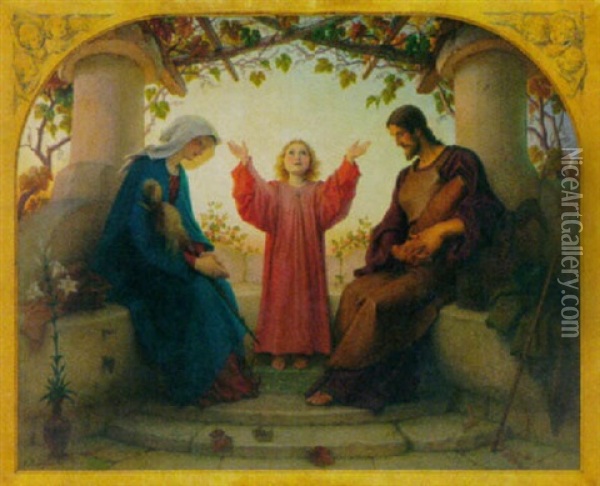 Christus Mit Maria Und Joseph In Einer Laube Oil Painting - Karl Baumeister