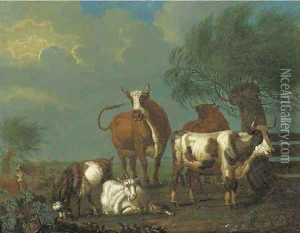 A pastoral landscape with cattle and goats by a fence Oil Painting - Jan van Gool