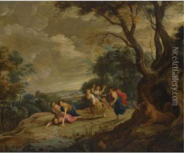 A Wooded Landscape With Maidens Assaulted By A Mythological Beast Oil Painting - Andries Snellinck
