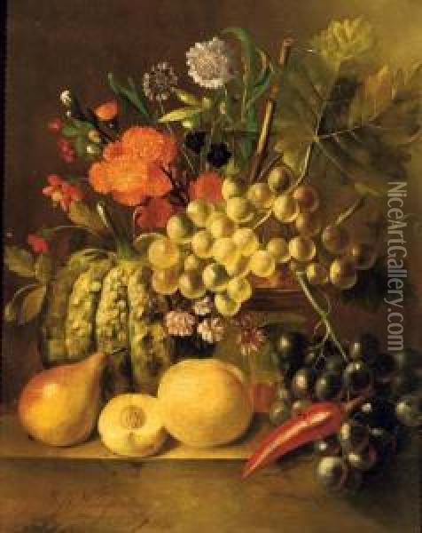 Asters, Poppies And Other Flowers In A Vase, With A Pear, Peaches, White And Black Grapes, A Pumpkin And A Chilipepper On A Stone Ledge Oil Painting - J. Van Willigenburg