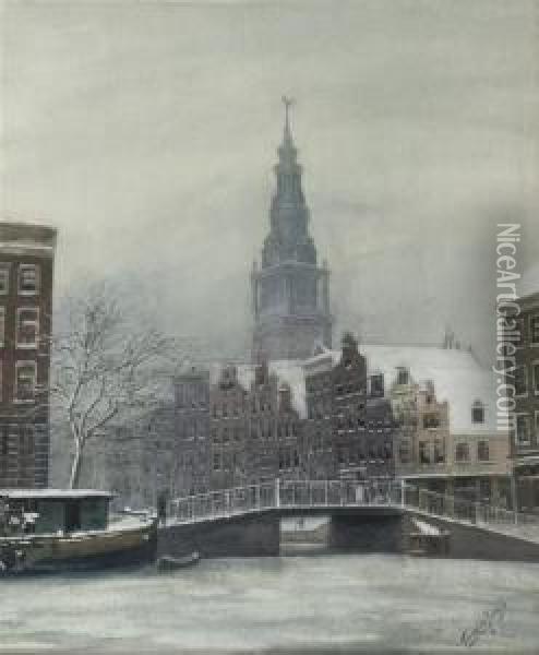 Wintersday In Amsterdam, The Zuidertoren Beyond Oil Painting - Tinus De Jong