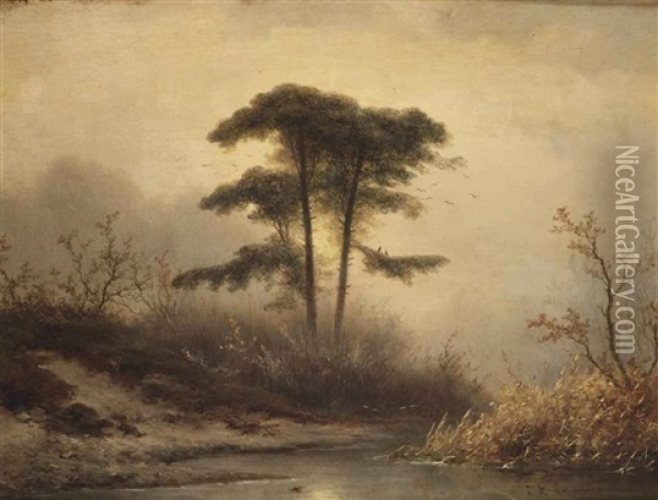 An Oil Sketch Of Trees Near A Stream At Dusk Oil Painting - Johannes Franciscus Hoppenbrouwers