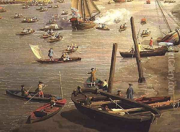 The River Thames with St. Paul's Cathedral on Lord Mayor's Day, detail of boats by the shore, c.1747-48 Oil Painting - (Giovanni Antonio Canal) Canaletto