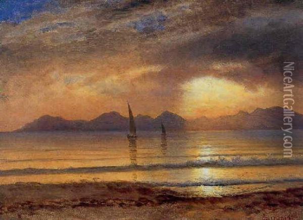 Sunset Over A Mountain Lake Oil Painting - Albert Bierstadt