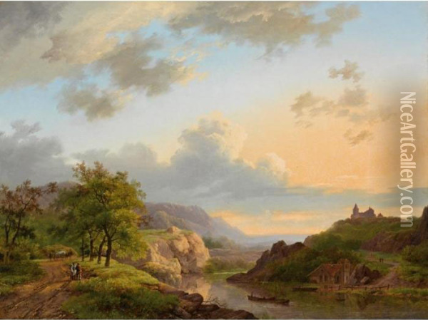 Travellers In An Extensive River Landscape Oil Painting - Marianus Adrianus Koekkoek