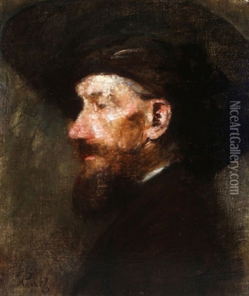 Profile Bust Portrait Of Bearded Man In Hat Oil Painting - Alois Penz