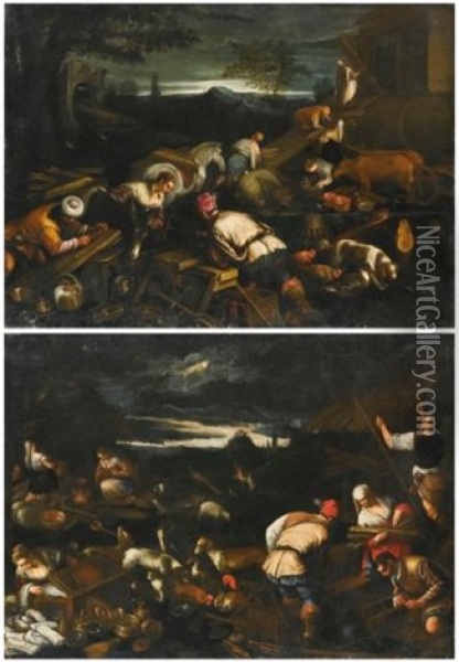 Noah Leading The Animals Onto The Ark; Noah's Sacrifice After The Flood (pair) Oil Painting - Jacopo dal Ponte Bassano