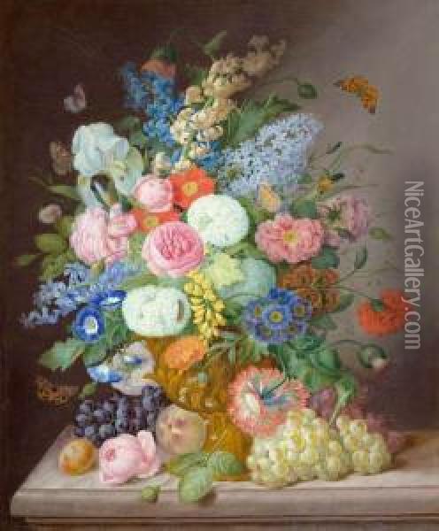 Floral Still Life With Grapes And Peach. Oil Painting - Anton Hartinger