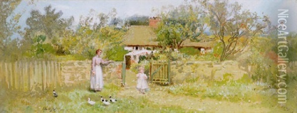 Ducks By A Cottage Garden Oil Painting - John Lochhead